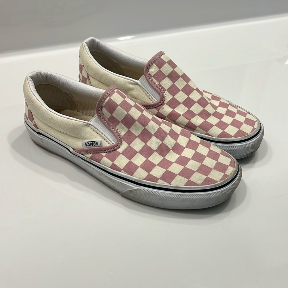 Pink and White Checkered Slip On Vans